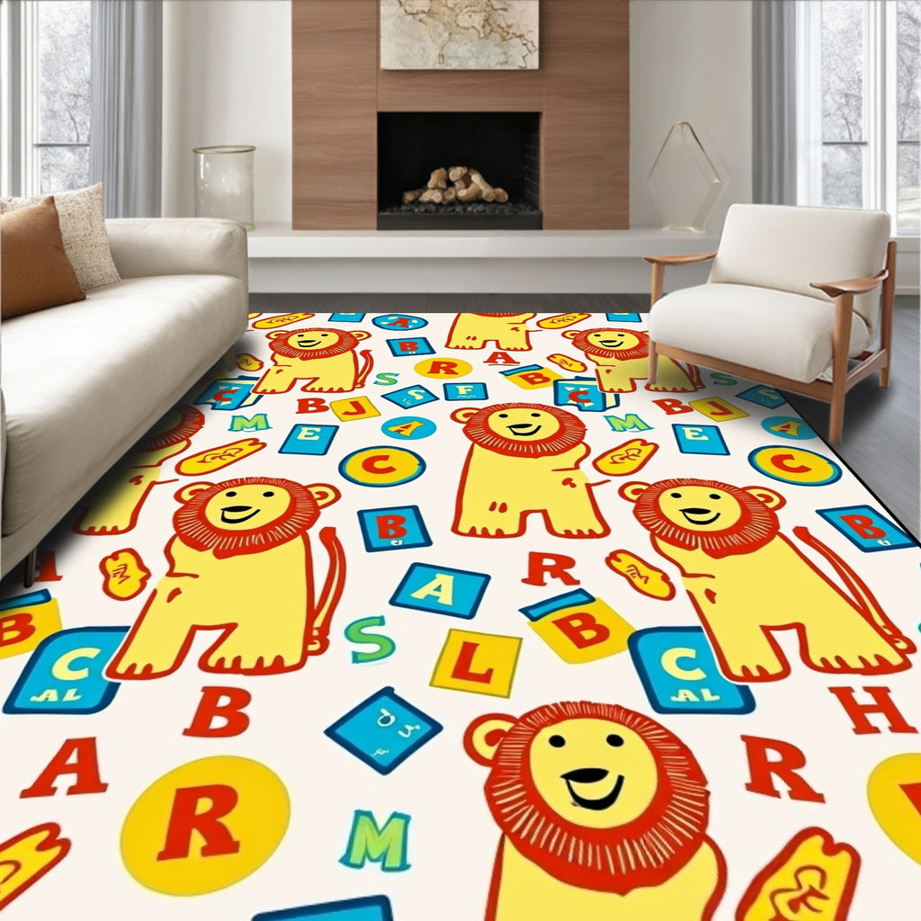 Playful Yellow Lion Alphabet Whimsy Rug