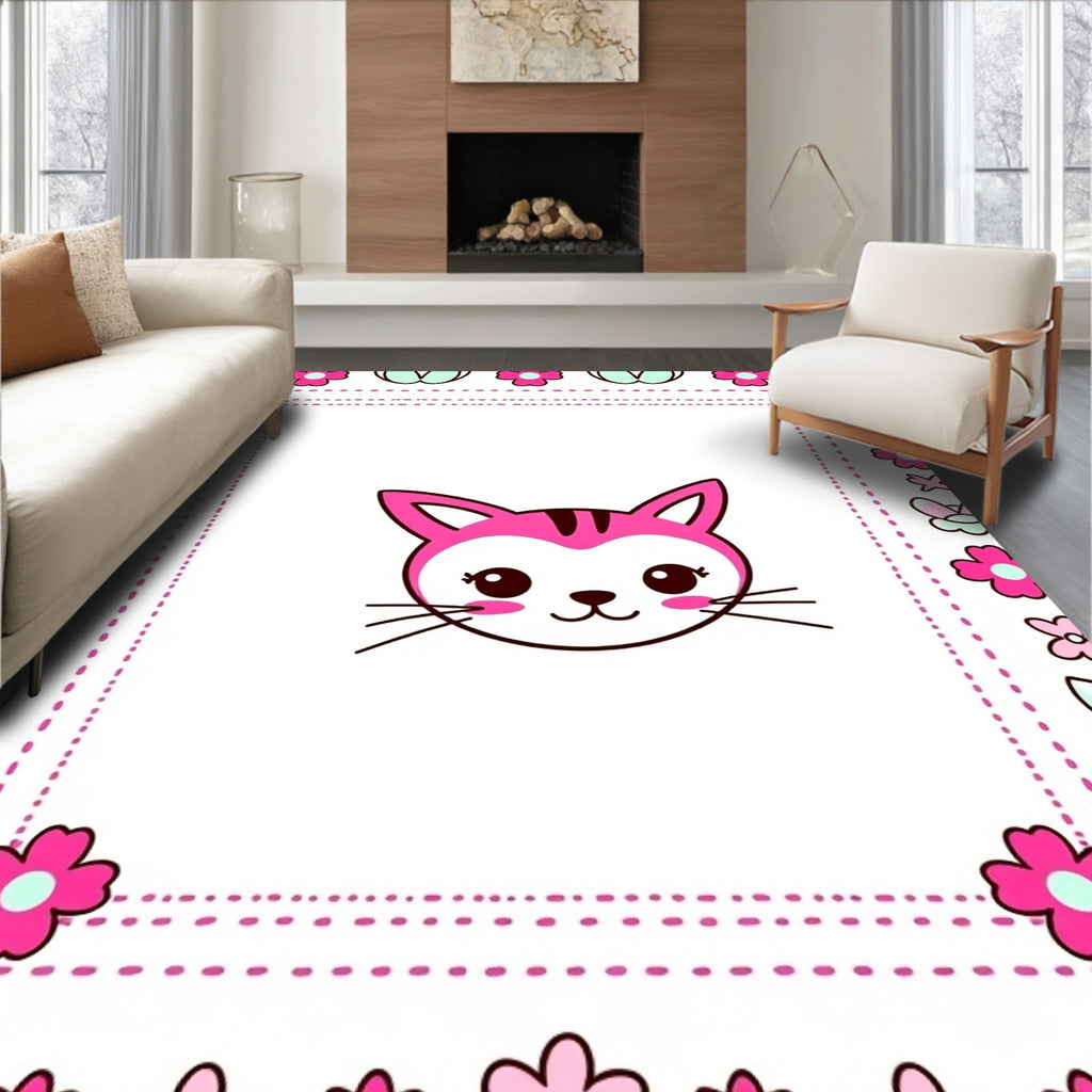 Cute Pink Kitty Flower Border Rug