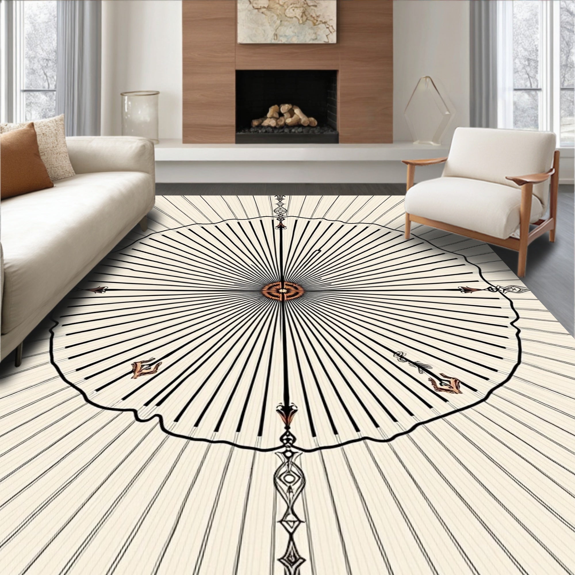 Sunburst Black Line Mandala Rug
