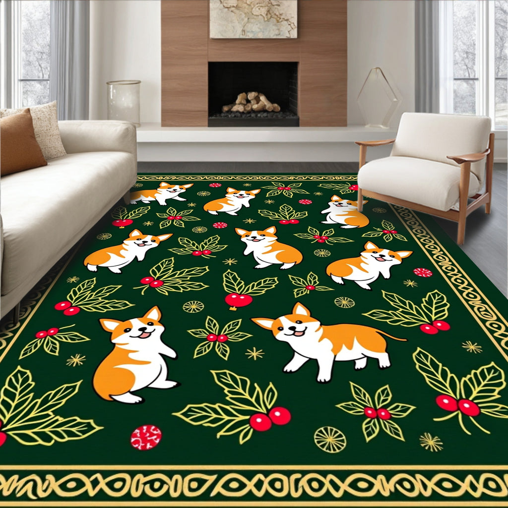 Cute Corgis Holly Berry Border Rug