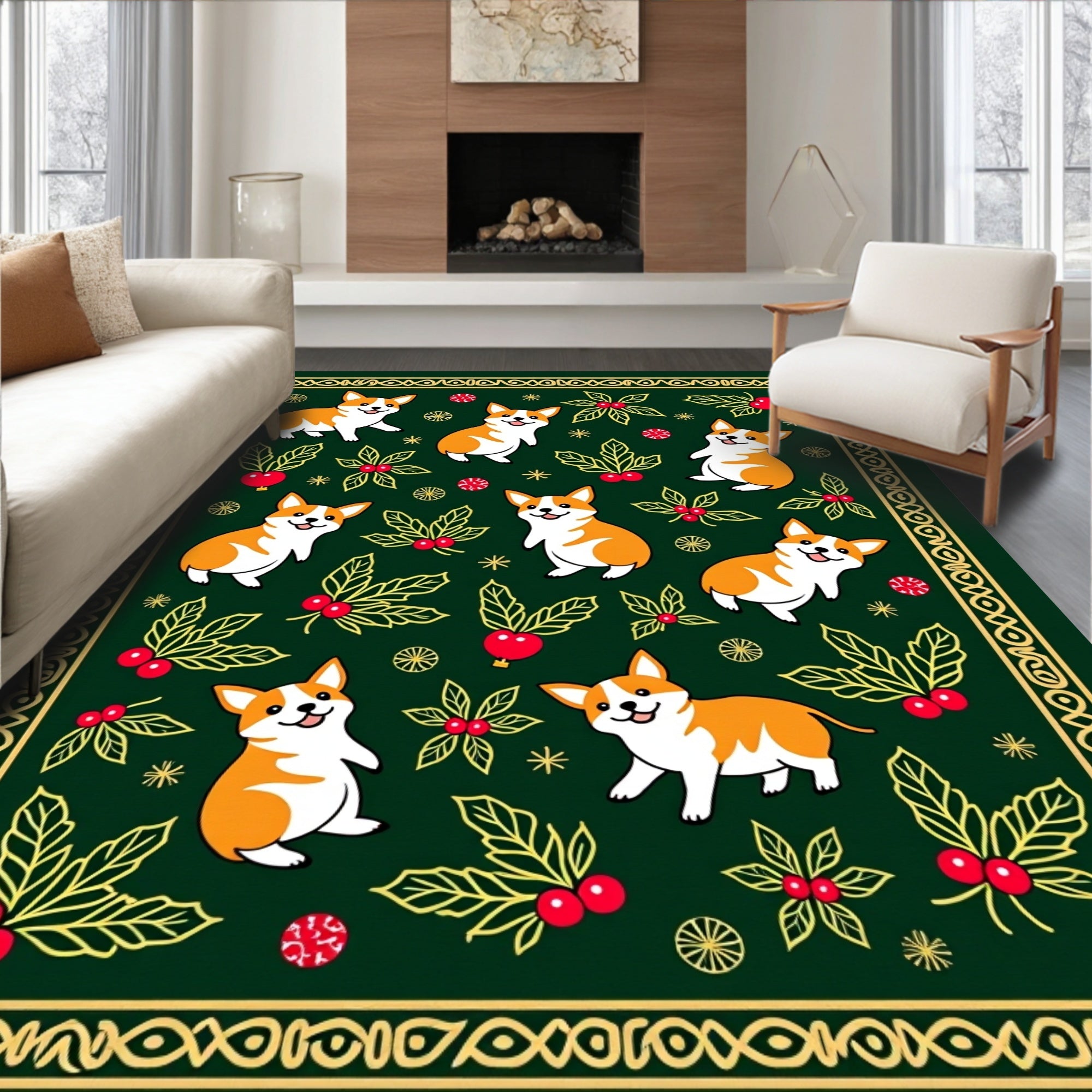 Cute Corgis Holly Berry Border Rug