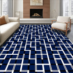 Modern Navy White Geometric Grid Rug