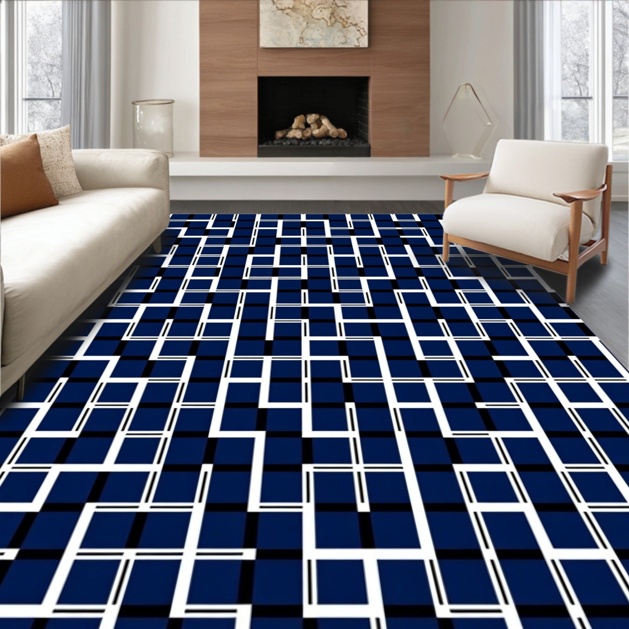Modern Navy White Geometric Grid Rug