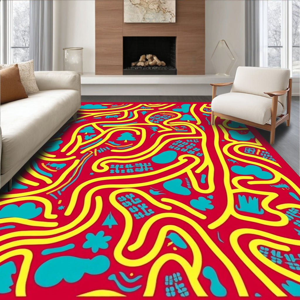 Whimsical Red Yellow Playful Maze Rug