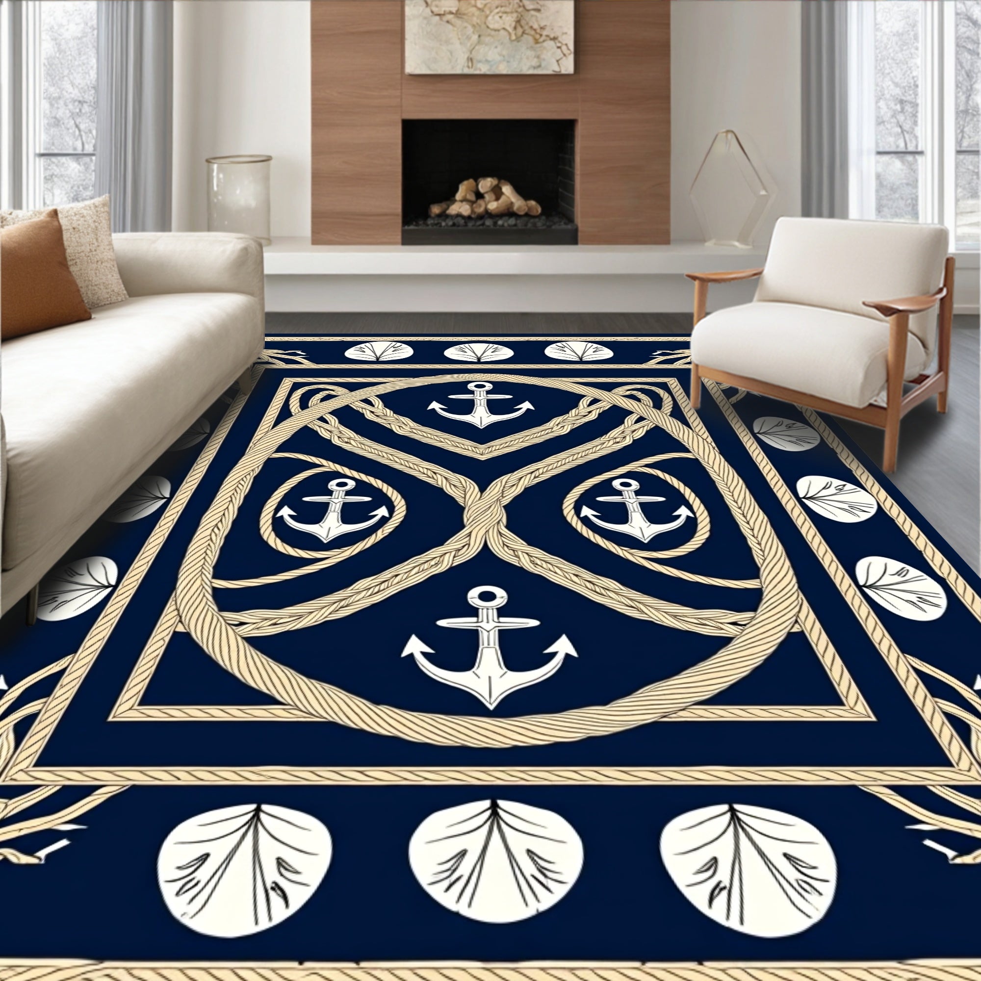 Nautical Navy Anchor Rope Mandala Rug