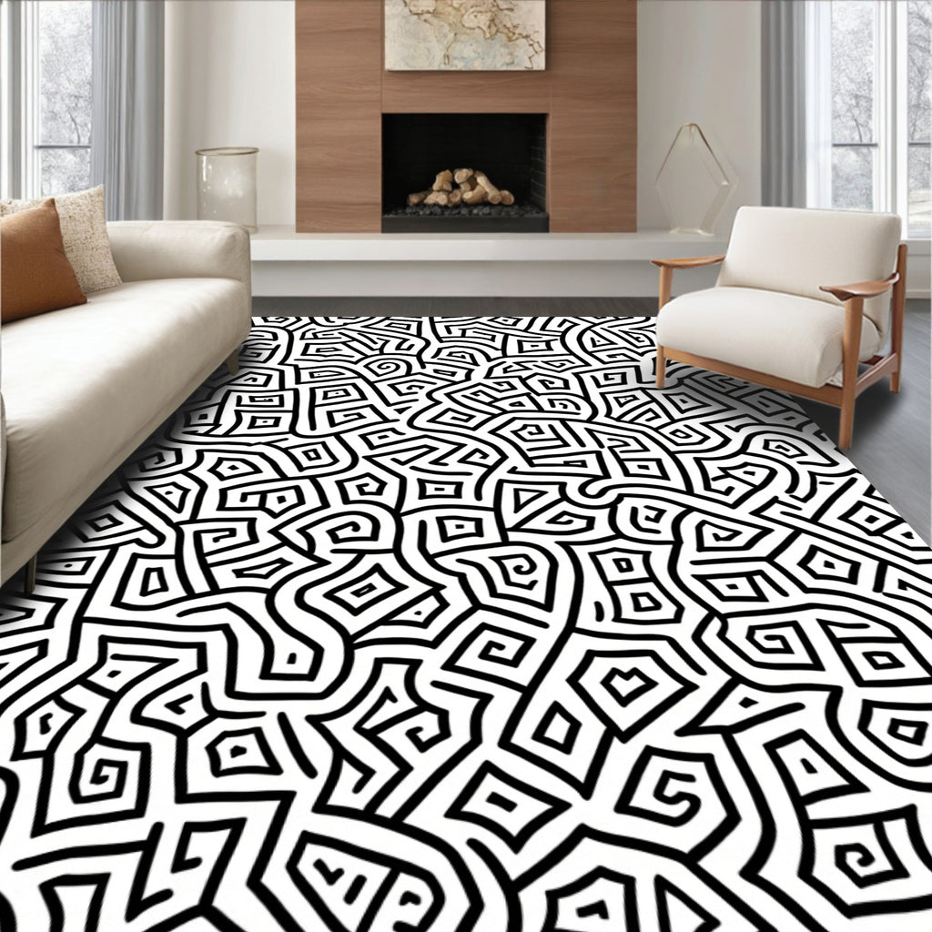 Black and White Abstract Maze Rug