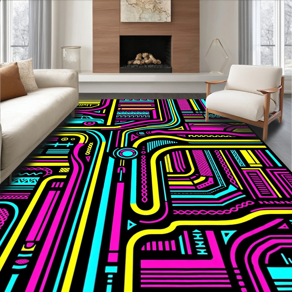 Retro Cyan Pink Yellow Geometric Circuit Rug