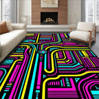 Retro Cyan Pink Yellow Geometric Circuit Rug