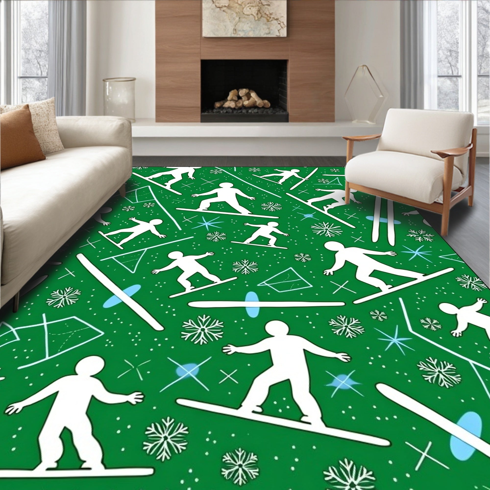 Green Snowboarding Snowflakes Joyful Skiers Rug