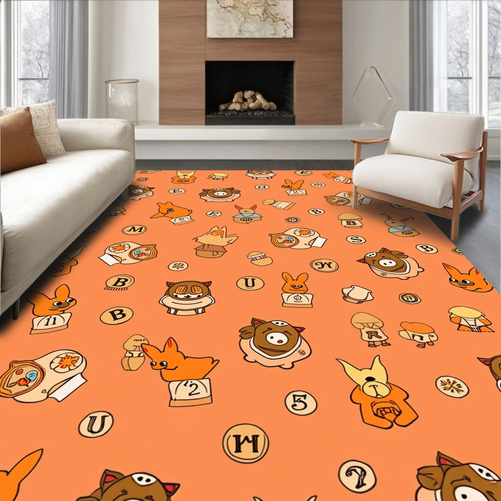 Playful Orange Cartoon Characters Collage Rug