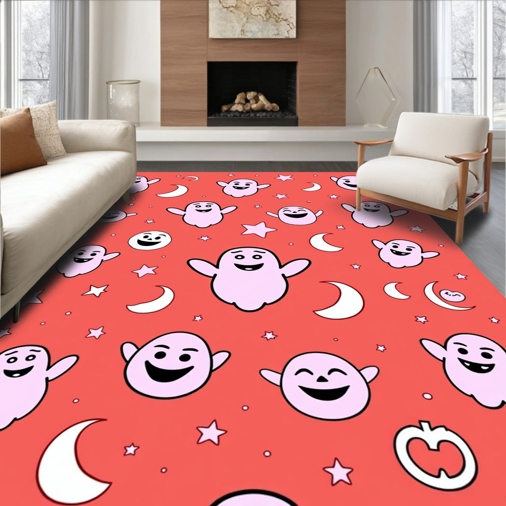 Whimsical Pink Ghost Starry Moon Night Rug