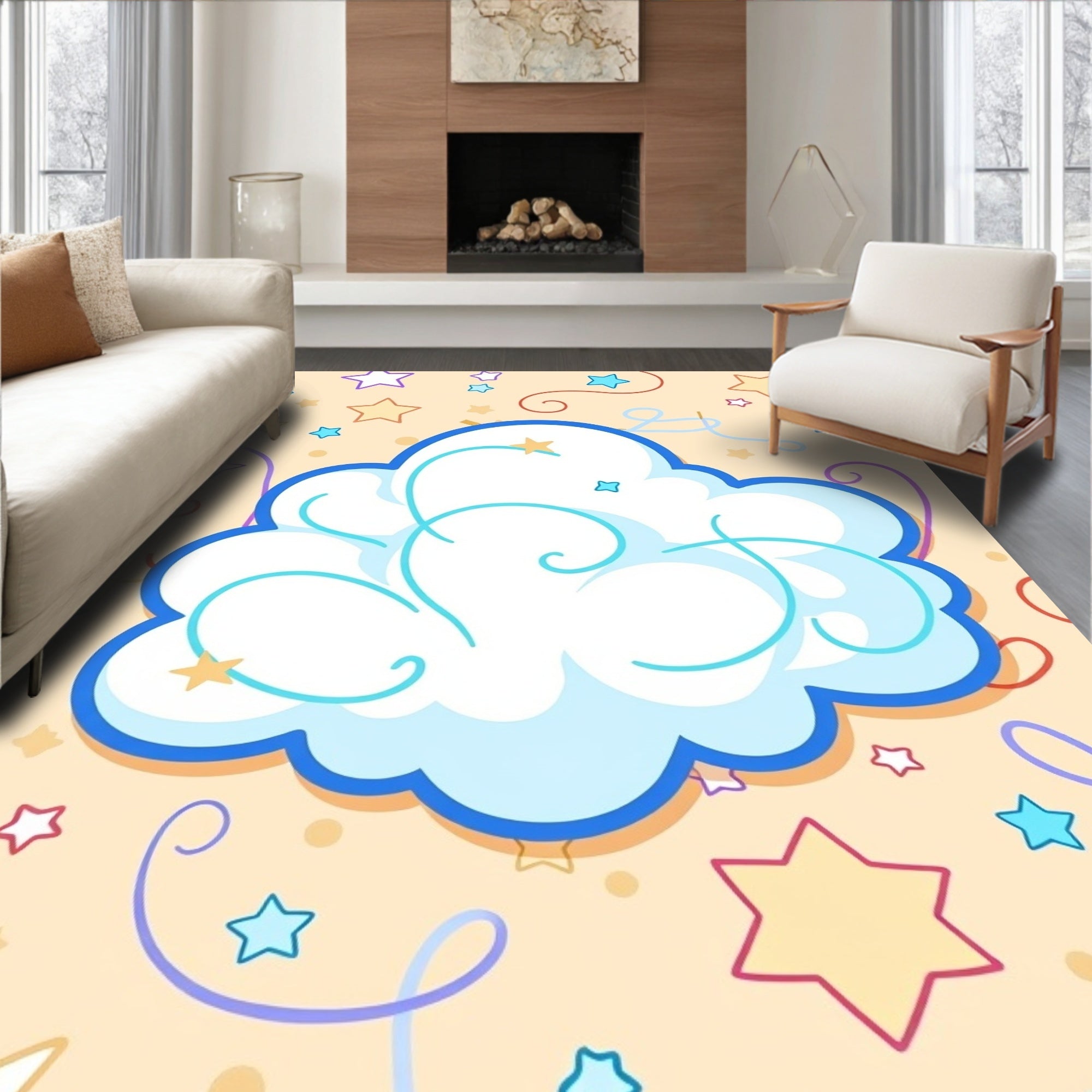 Whimsical Cloud Stars Swirls Rug