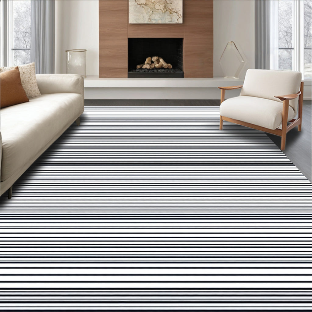 Modern Black White Fine Stripes Rug