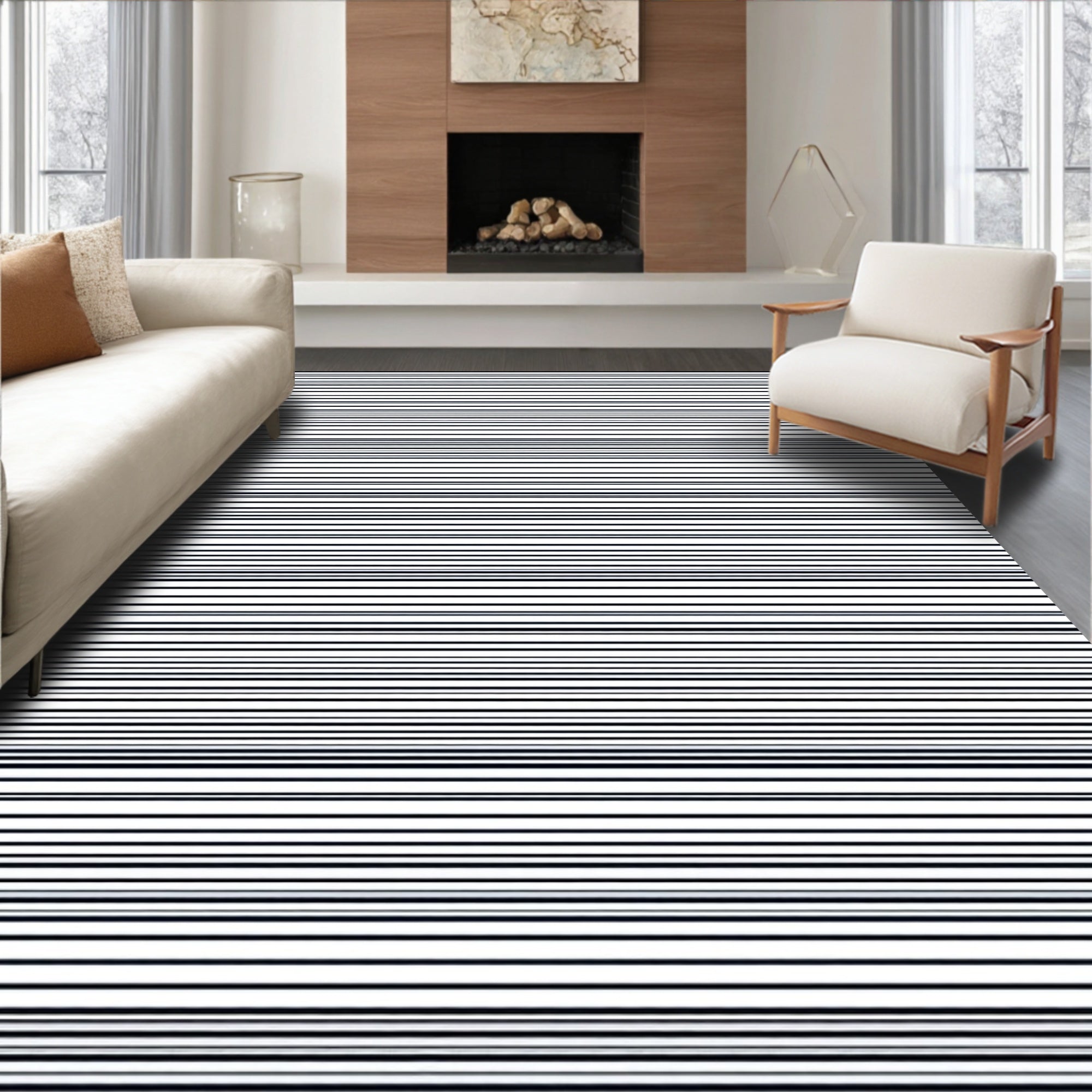 Modern Black White Fine Stripes Rug