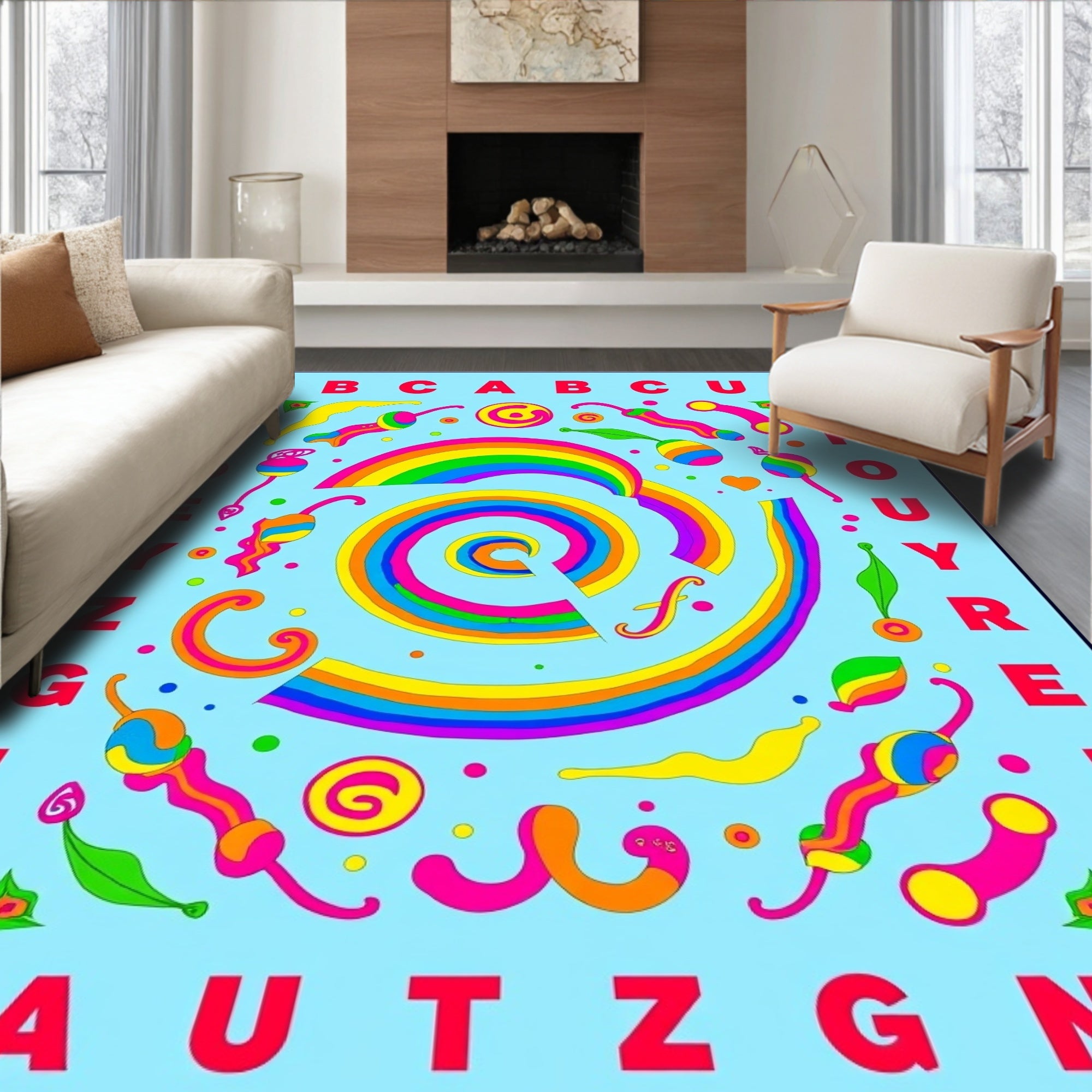 Psychedelic Rainbow Alphabet Swirl Rug