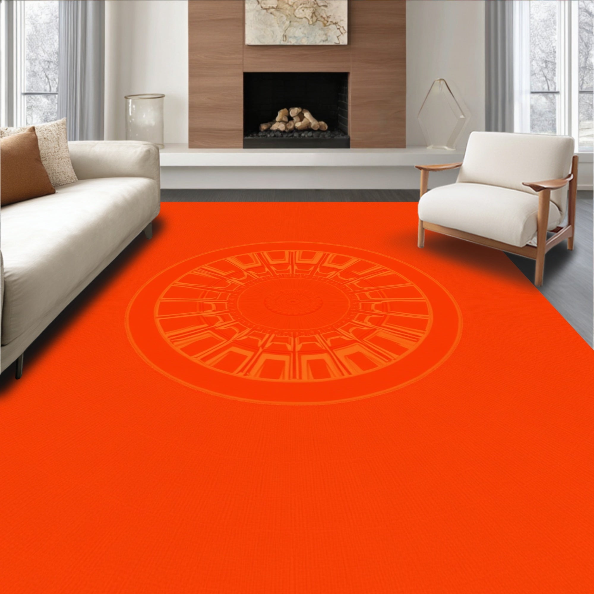 Vibrant Orange Radial Mandala Rug
