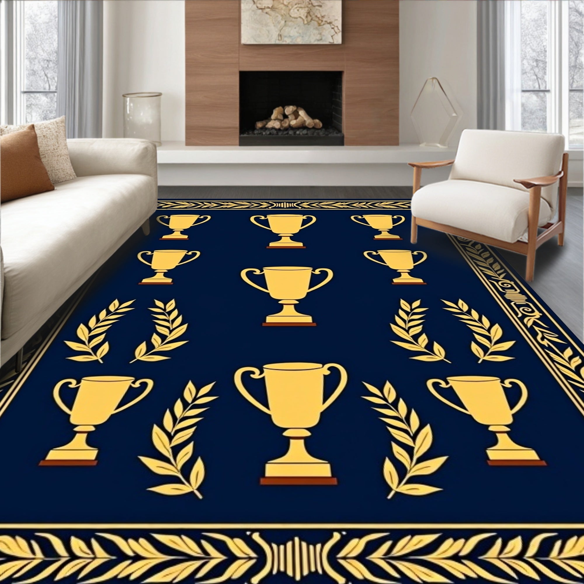 Golden Trophy Laurel Wreath Blue Rug