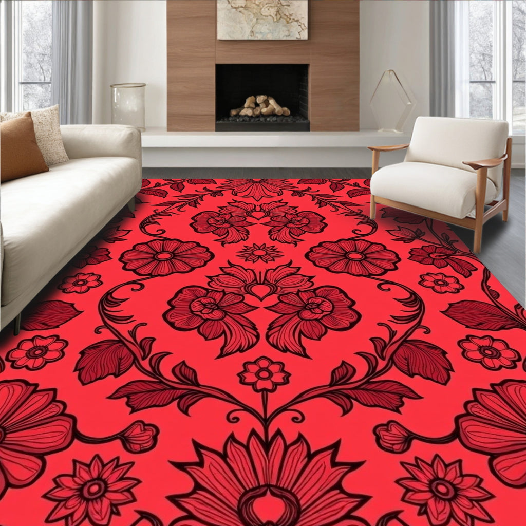 Rich Red Floral Vine Arrangement Rug