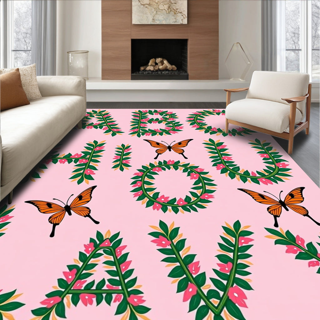 Pink Floral Alphabet Butterfly Garden Rug