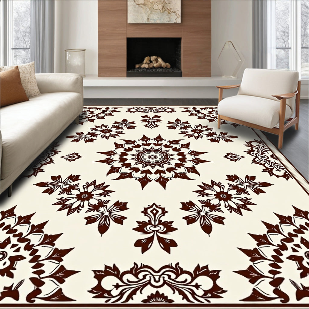 Dark Brown Cream Medallion Floral Arrangement Rug