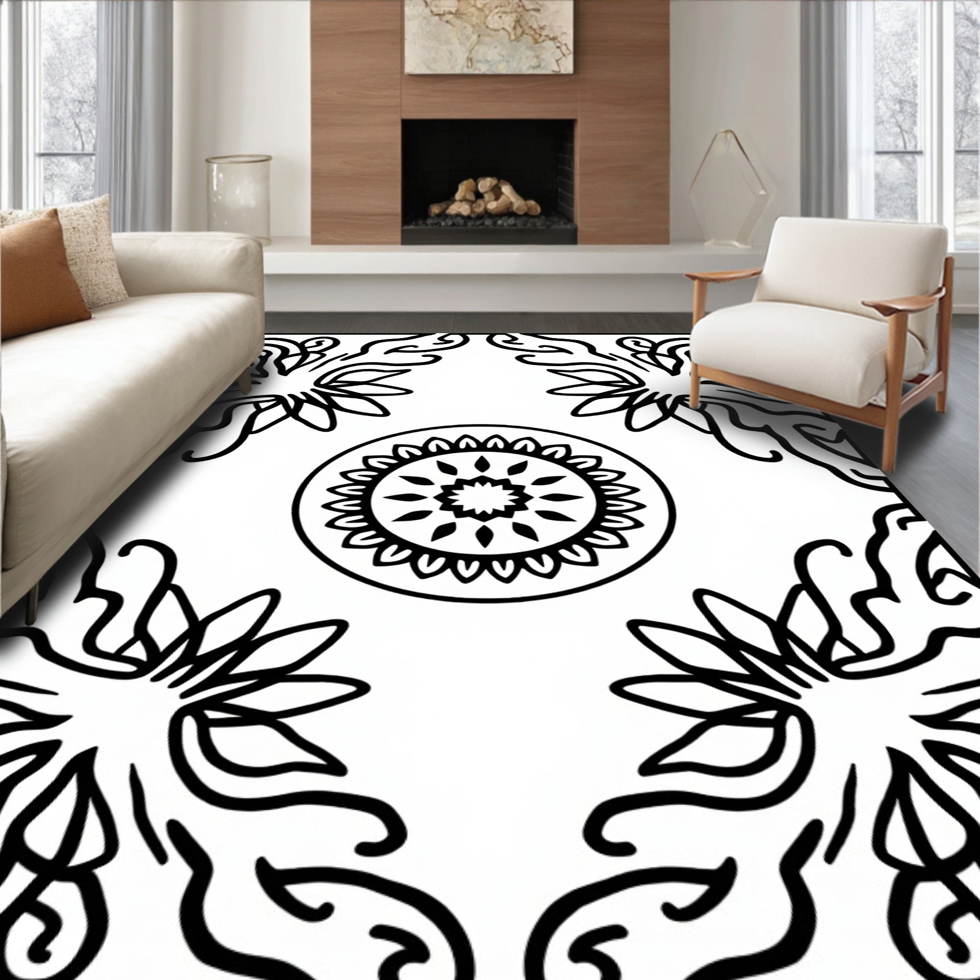 Monochromatic Floral Mandala Corner Rug