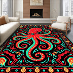 Bold Red Octopus Tribal Border Rug