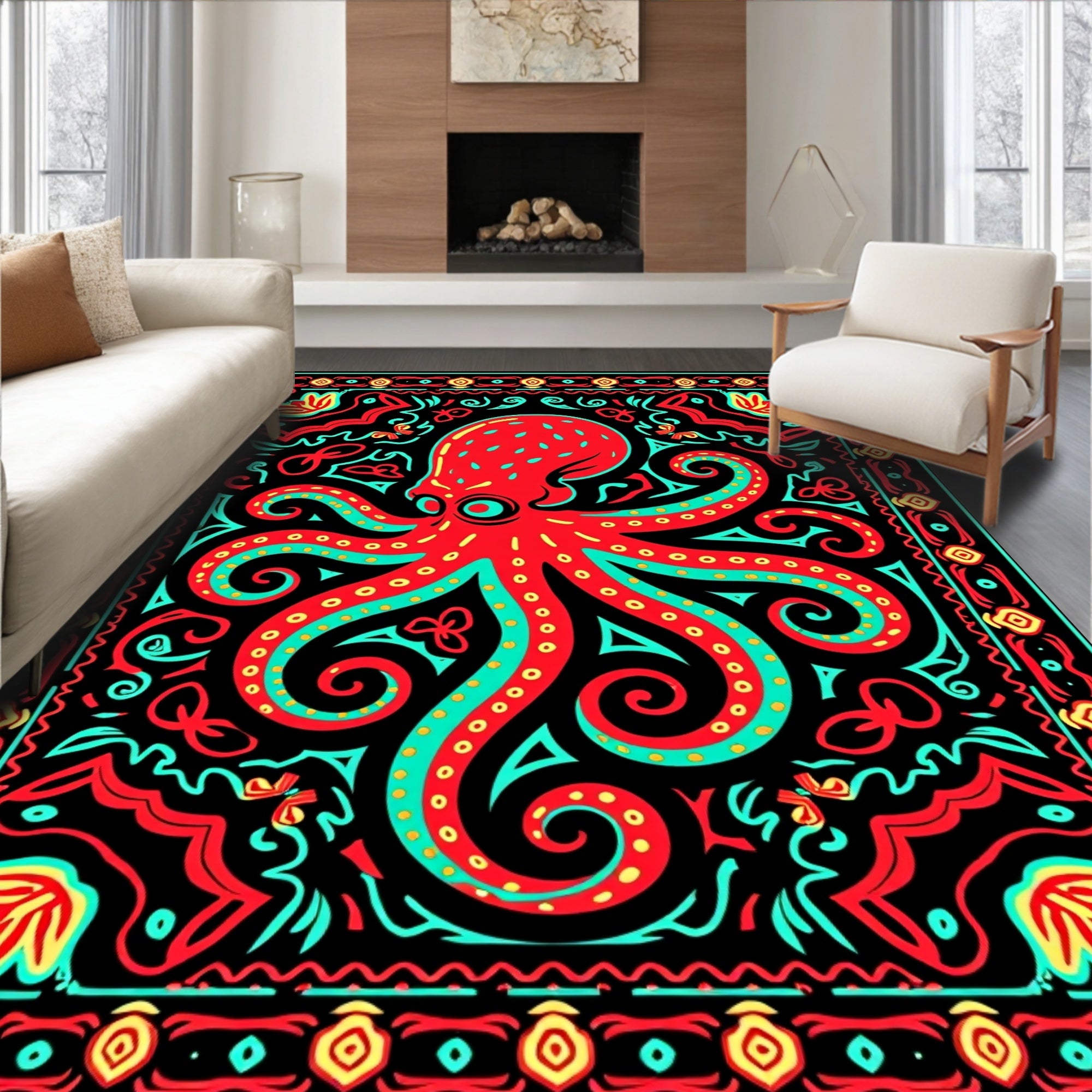 Bold Red Octopus Tribal Border Rug