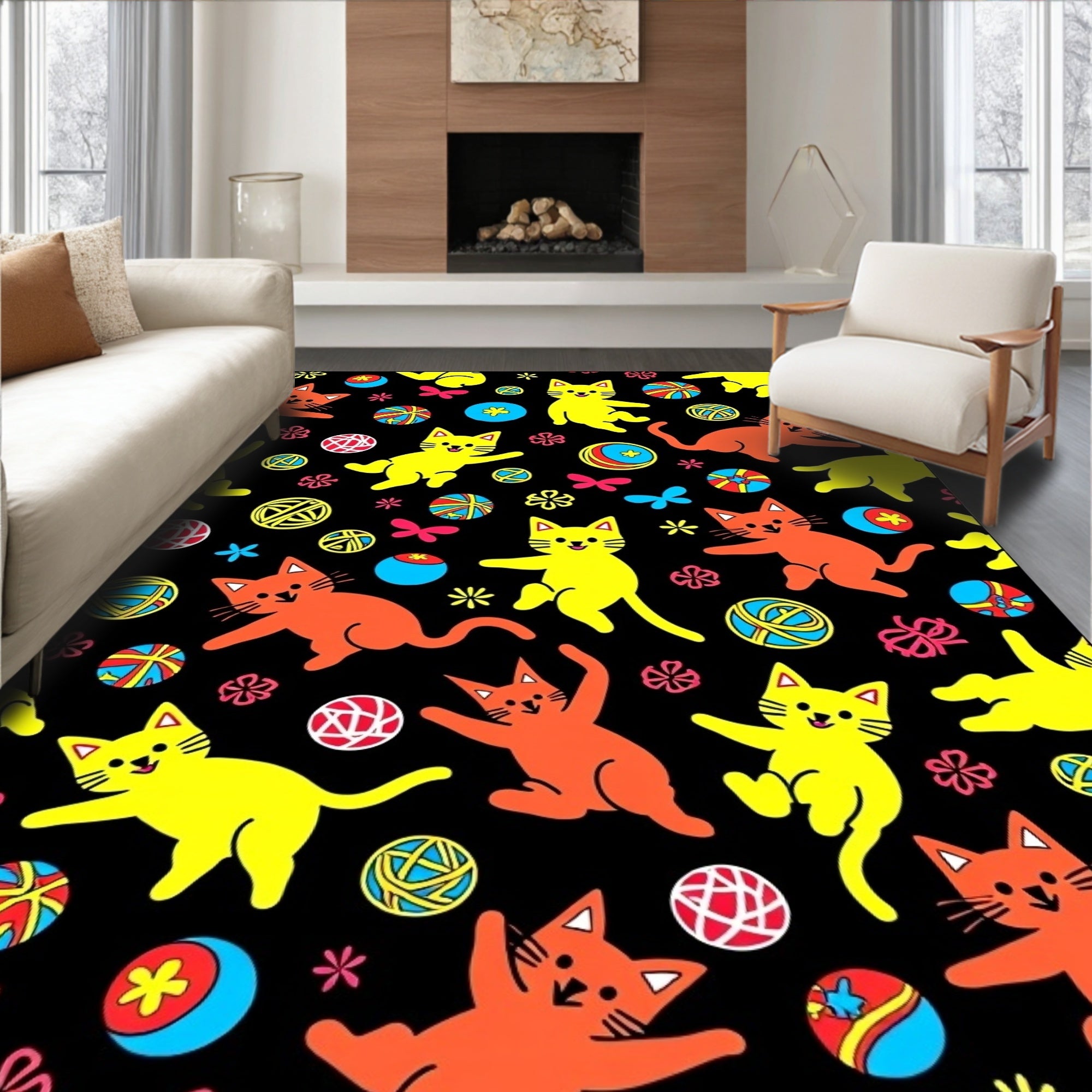 Playful Orange Yellow Cats Yarn Balls Rug
