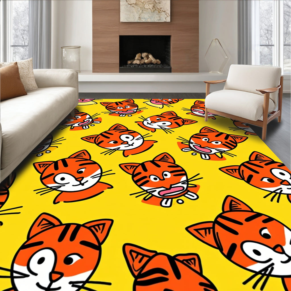 Playful Orange Tiger Faces Yellow Background Rug