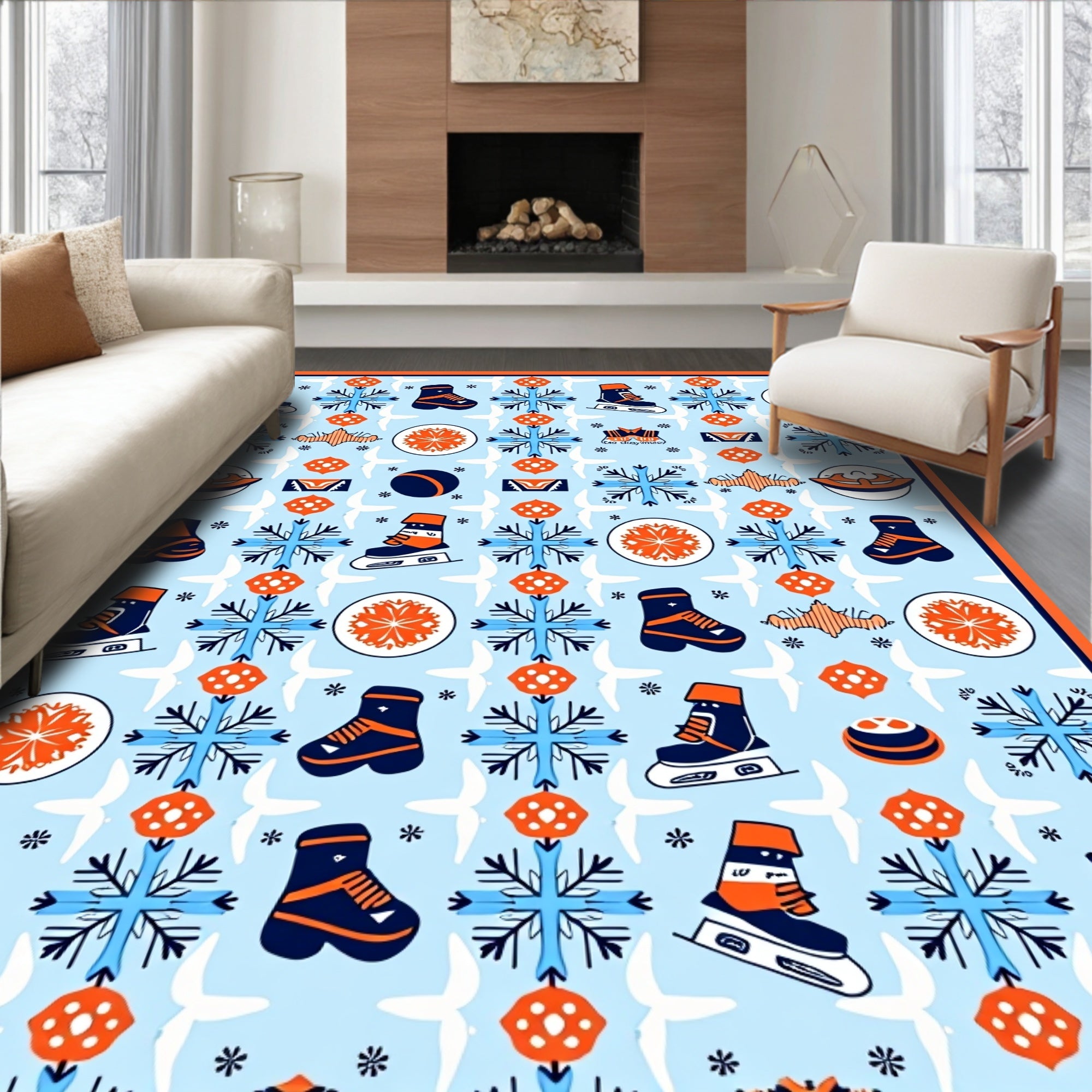 Ice Skates Snowflake Blue Orange Collage Rug