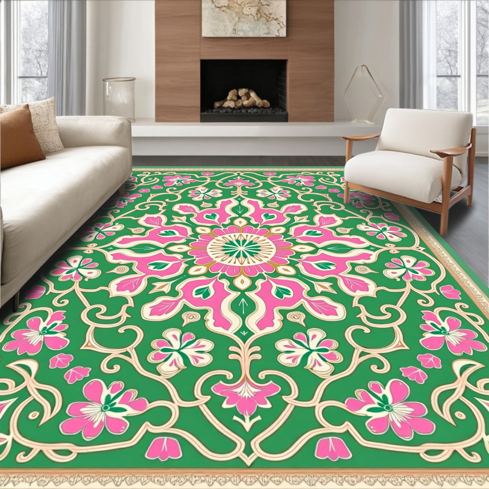 Vibrant Green Pink Floral Medallion Rug