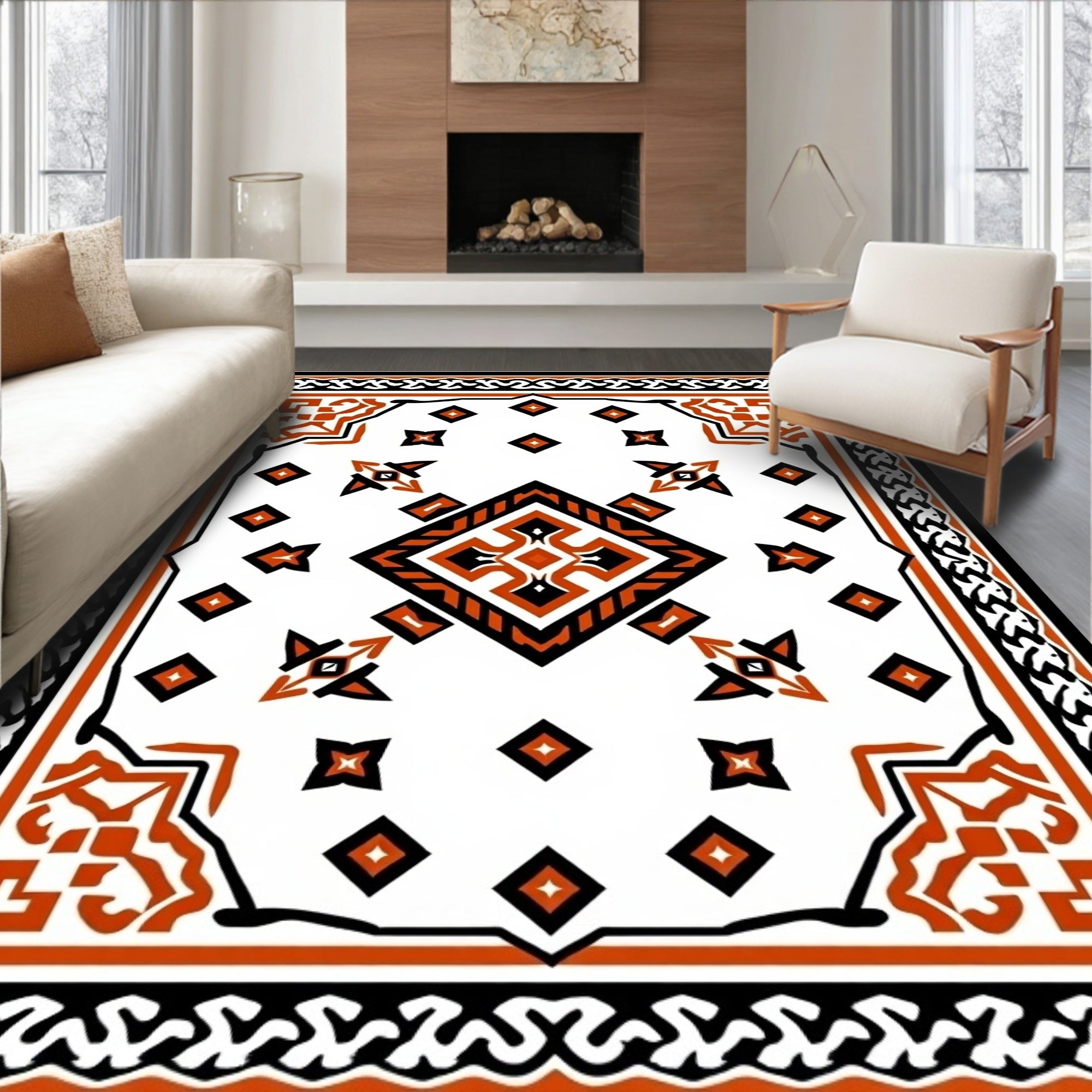 Graphic Orange Black Diamond Medallion Rug
