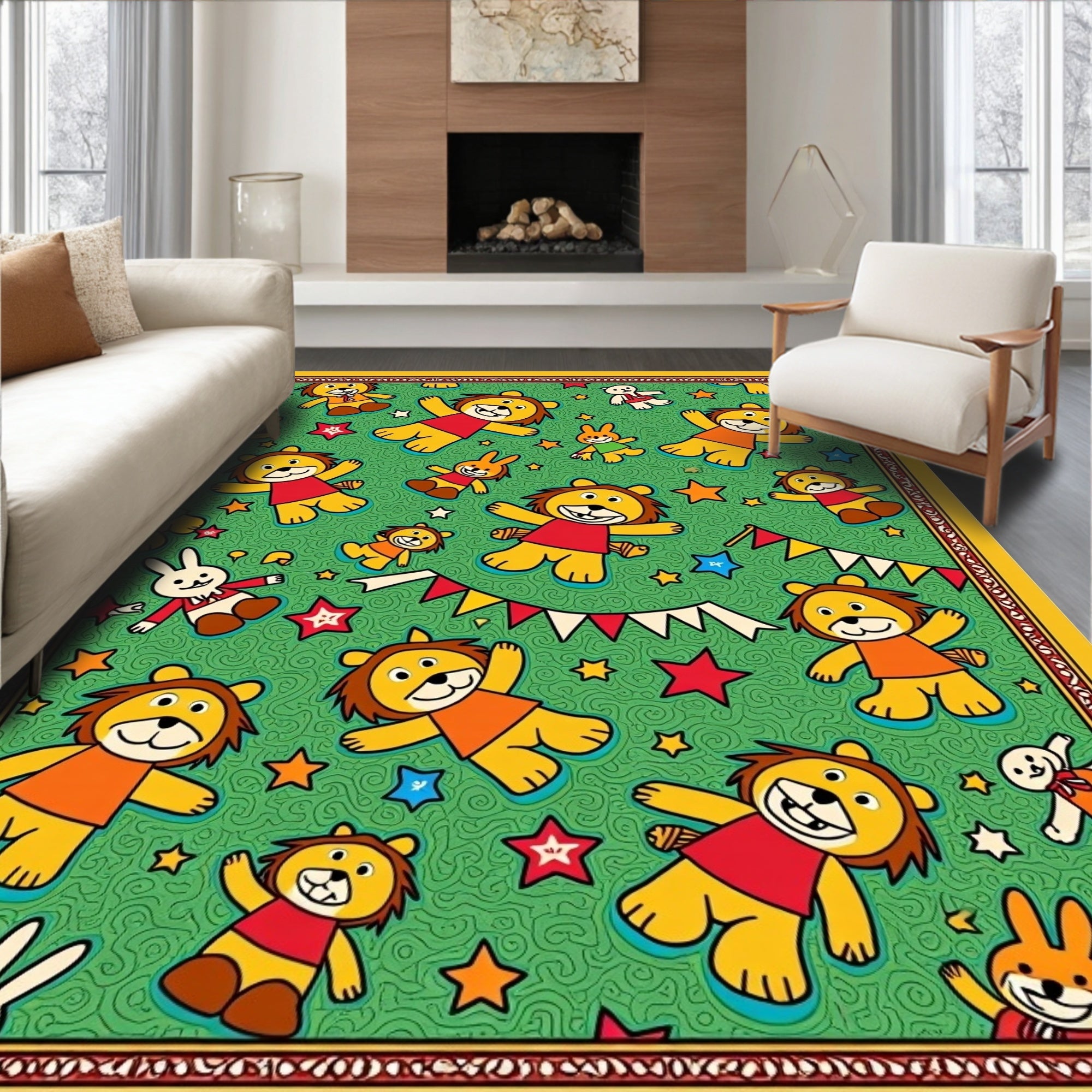 Whimsical Lion And Bunny Parade Rug