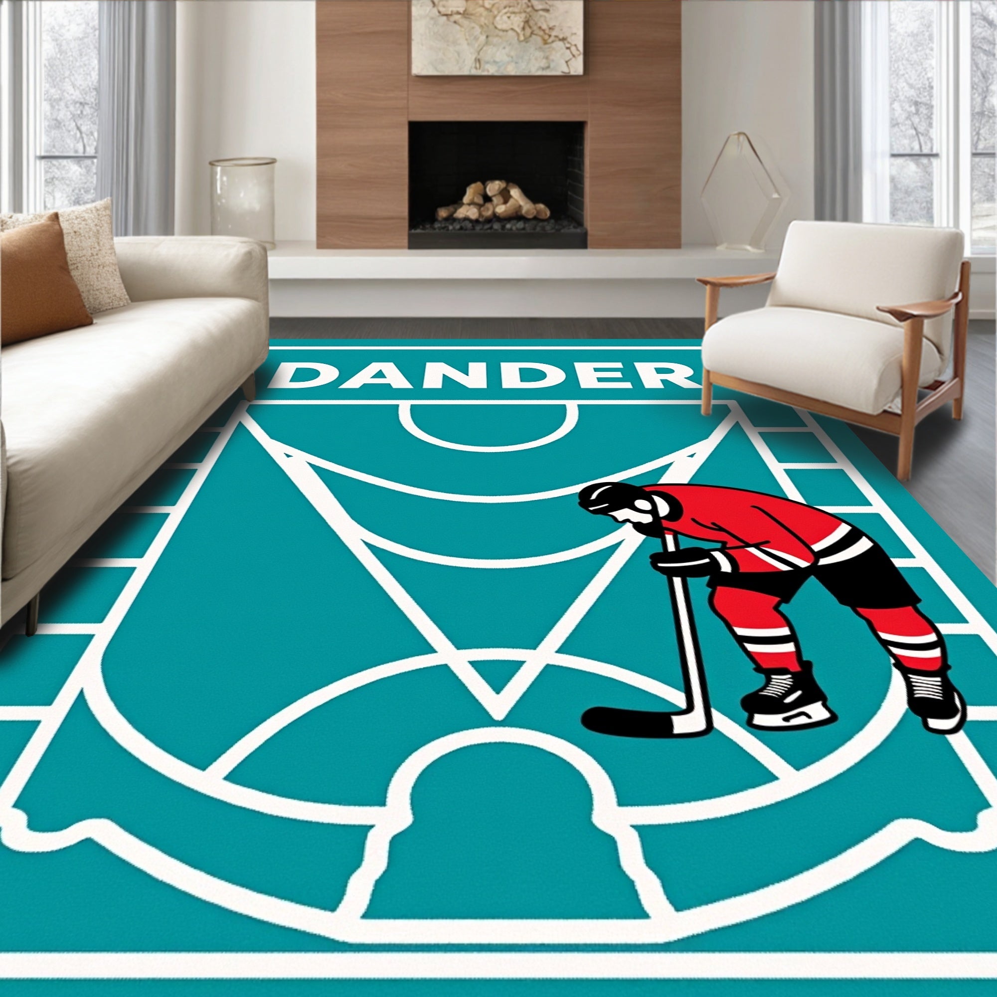 Hockey Player Red Ice Court Art Rug