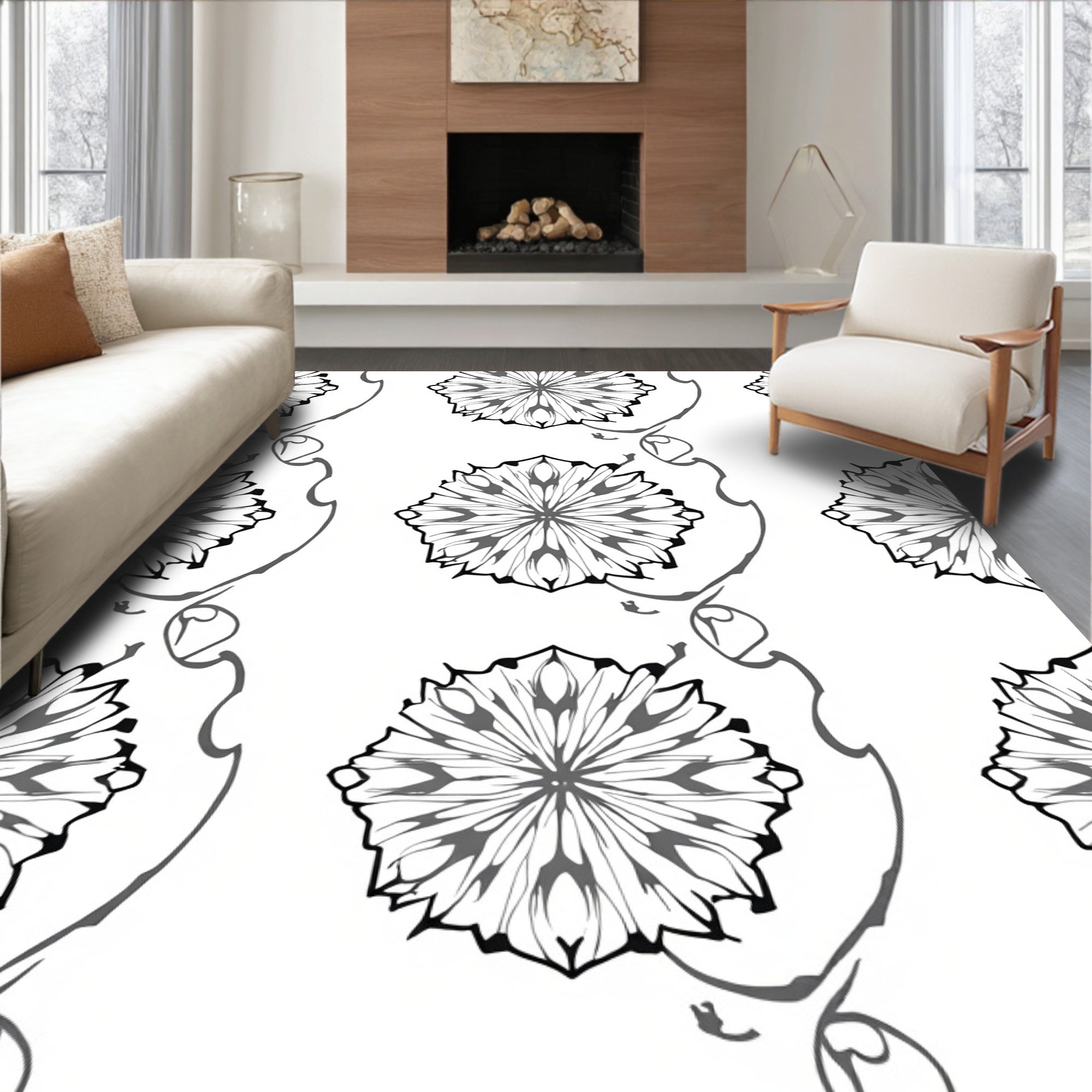 Monochromatic Floral Medallion Swirl Rug