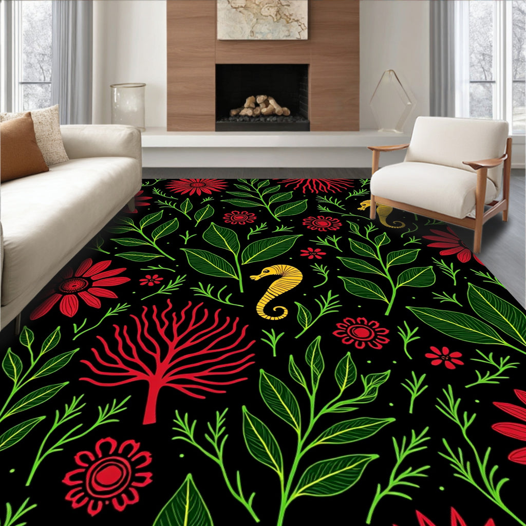 Whimsical Seahorse Floral Coral Garden Rug