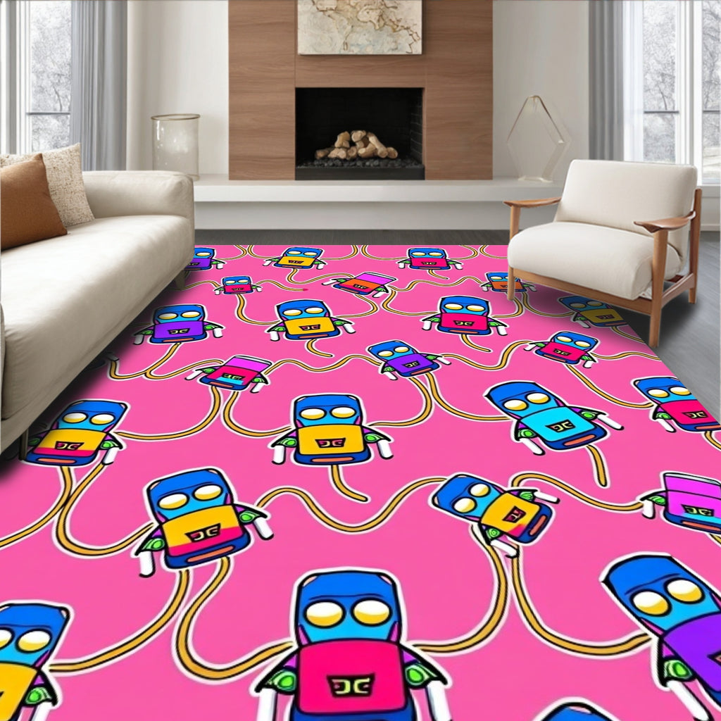 Whimsical Pink Robot Abstract Play Rug