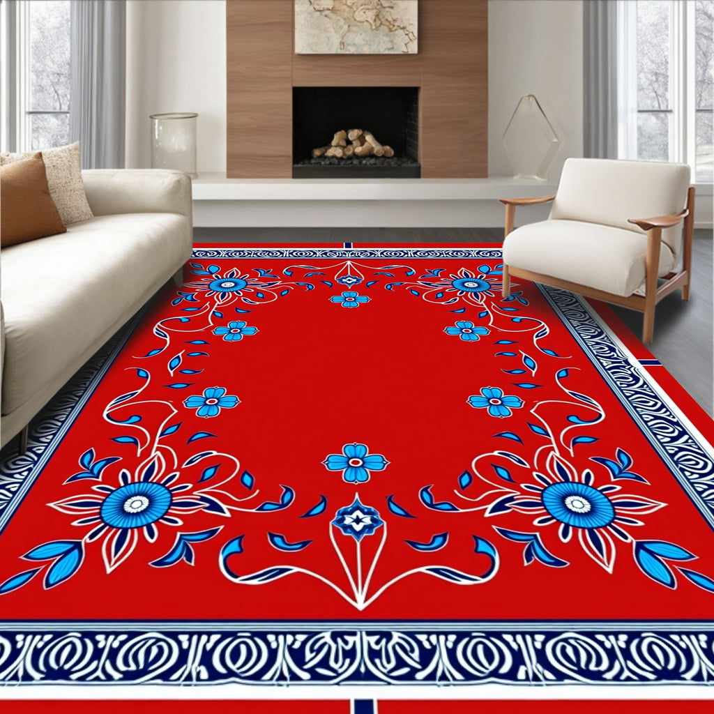 Red Blue Floral Vine Border Rug