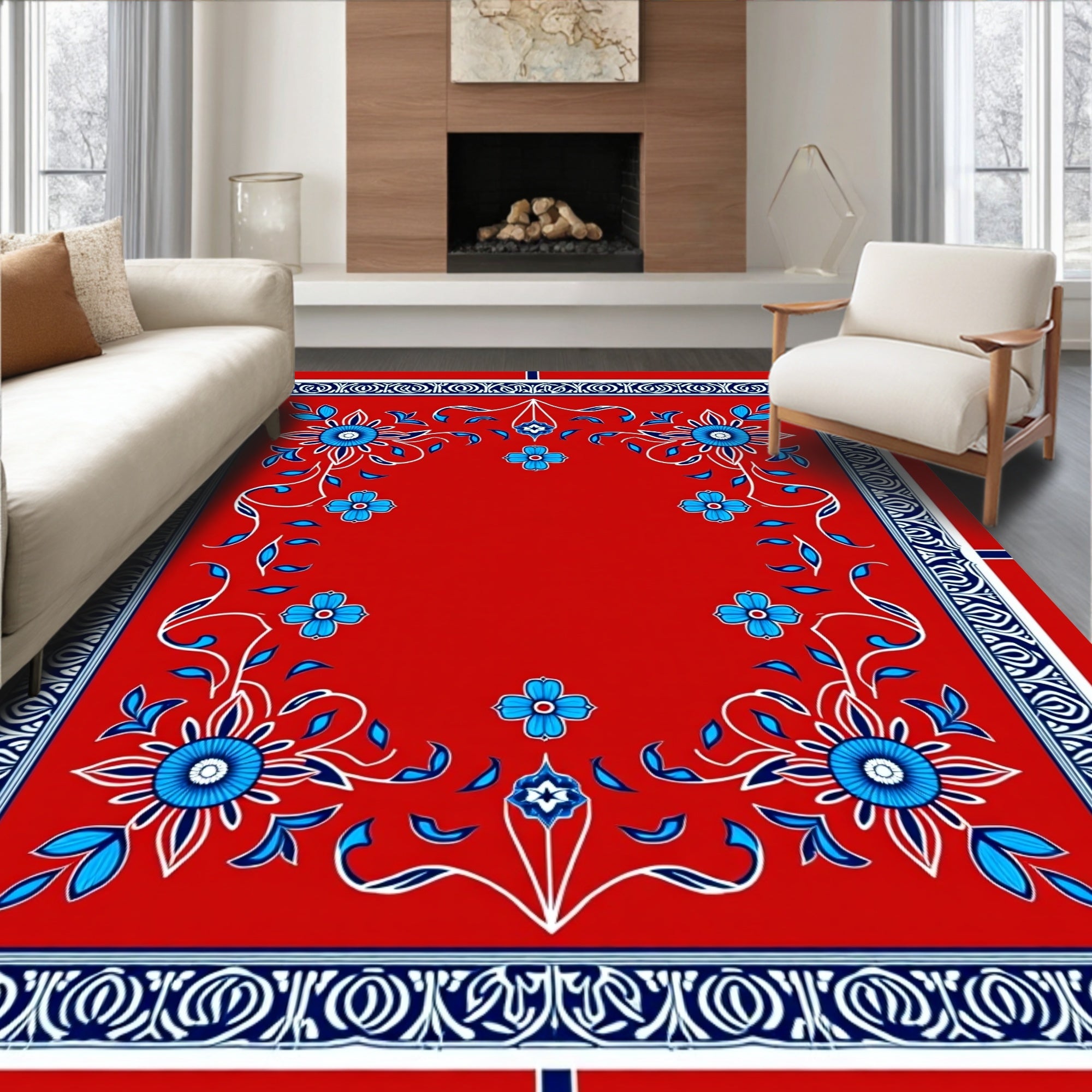 Red Blue Floral Vine Border Rug