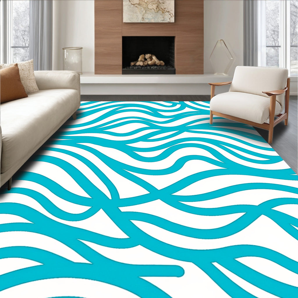 Turquoise Abstract Wavy Lines Rug