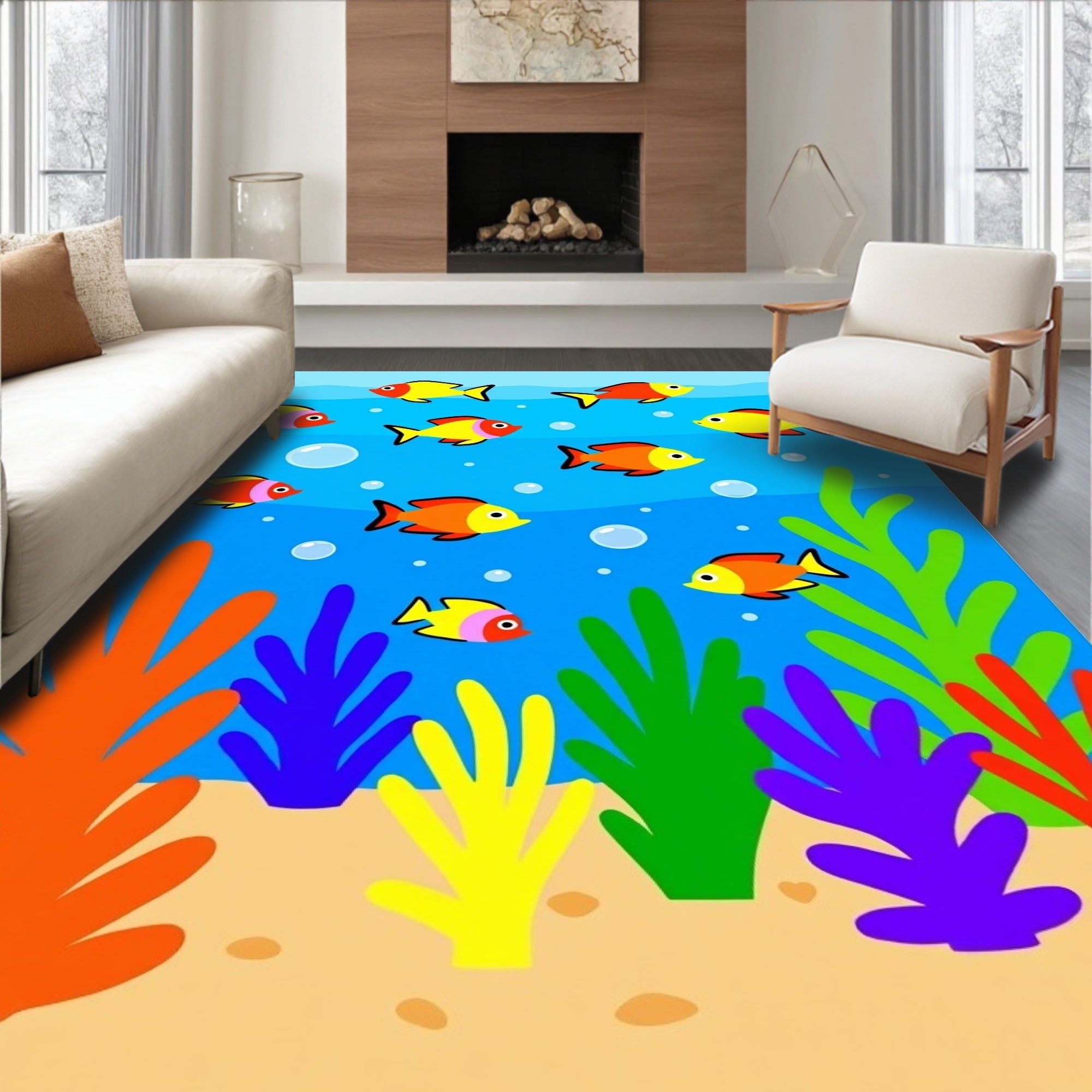 Whimsical Fish Coral Reef Scene Rug