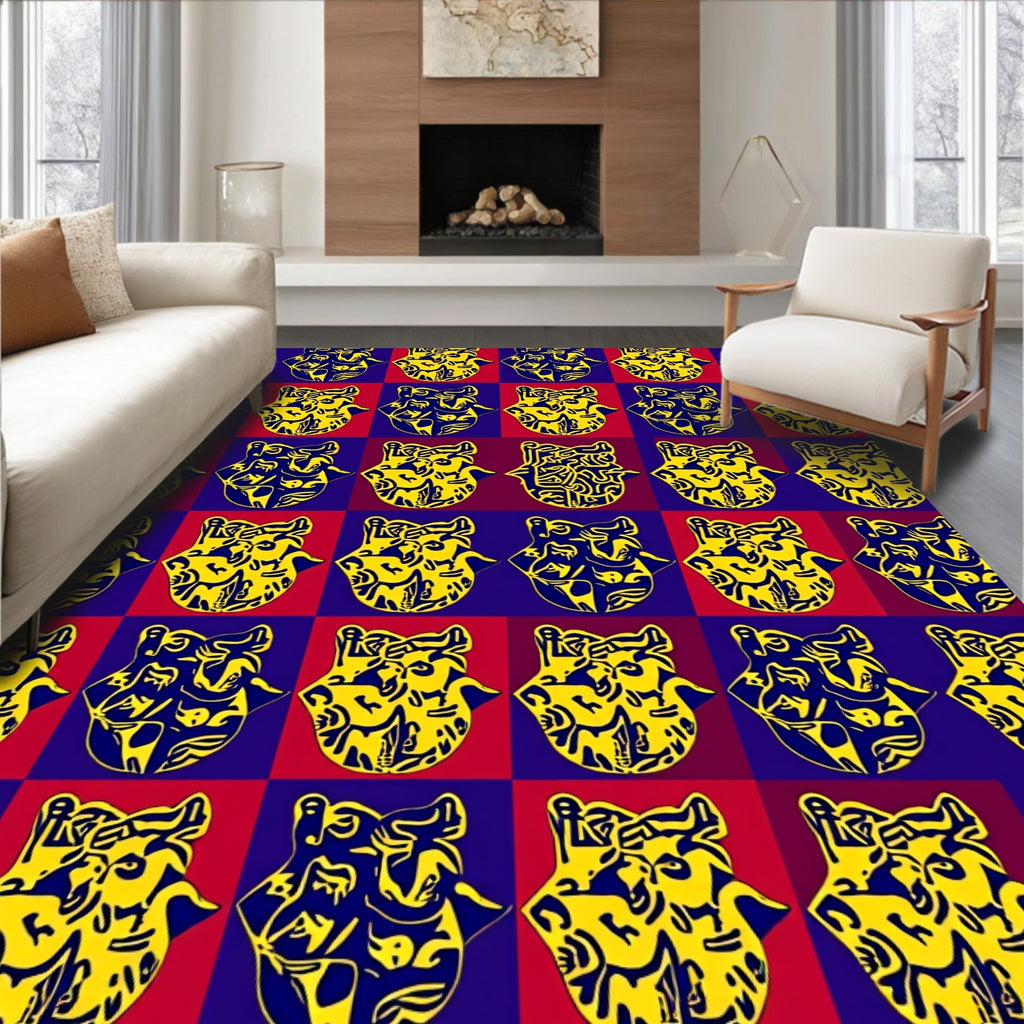 Bold Yellow Hamsa Red Blue Checkered Rug