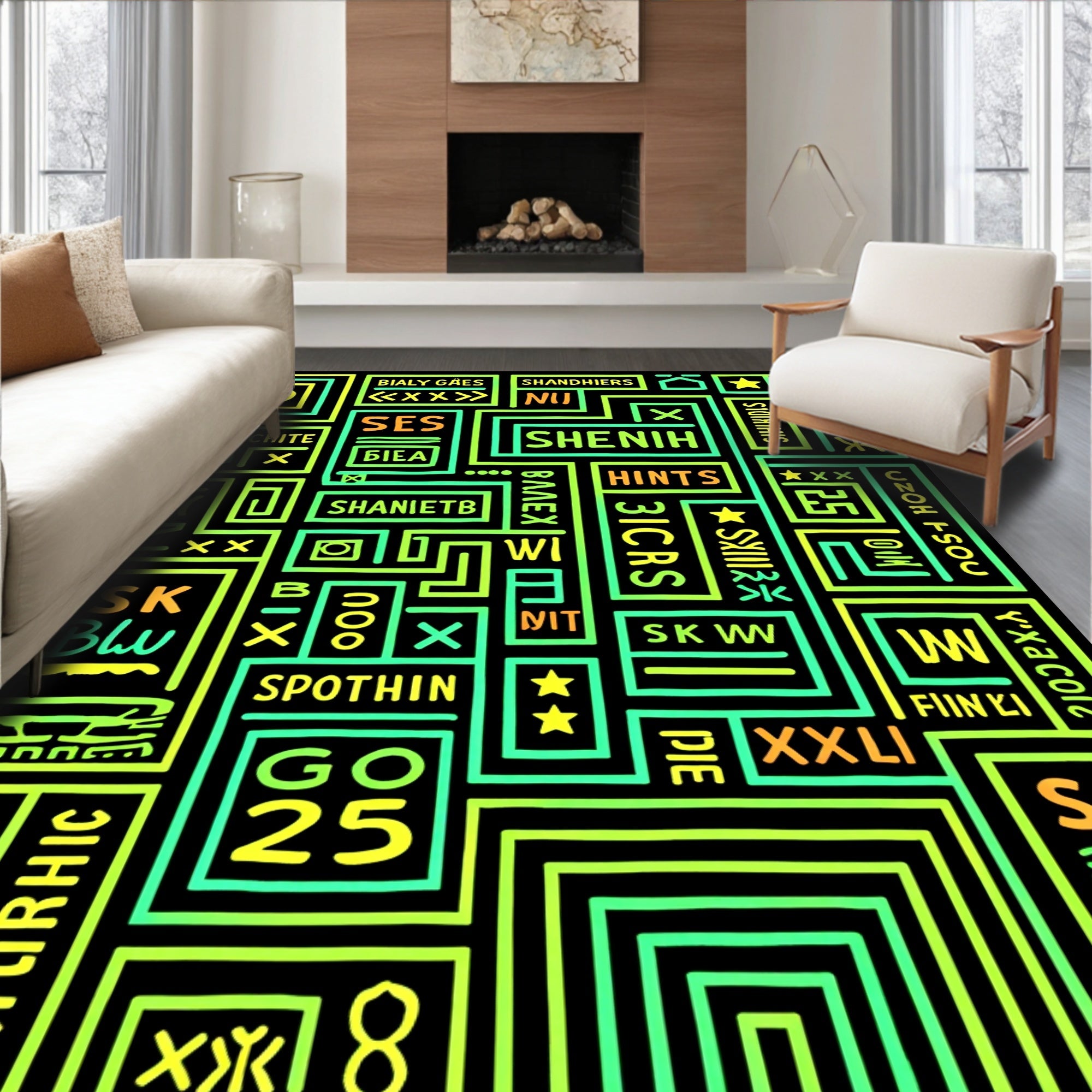 Neon Geometric Abstract Alphabet Rug