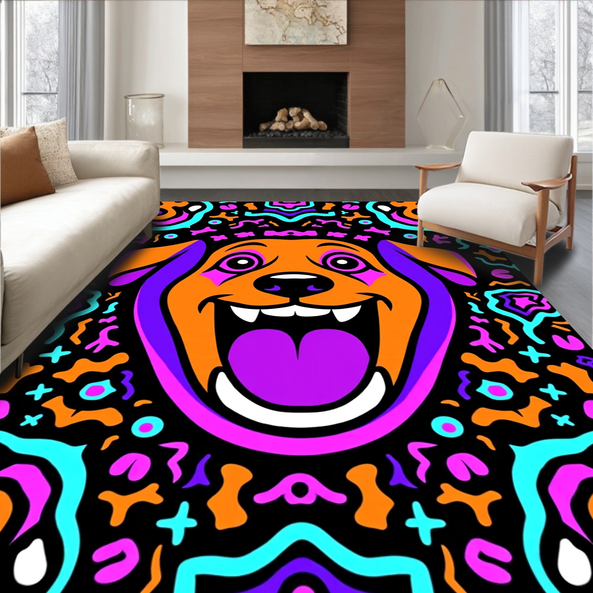 Psychedelic Grinning Dog Abstract Art Rug