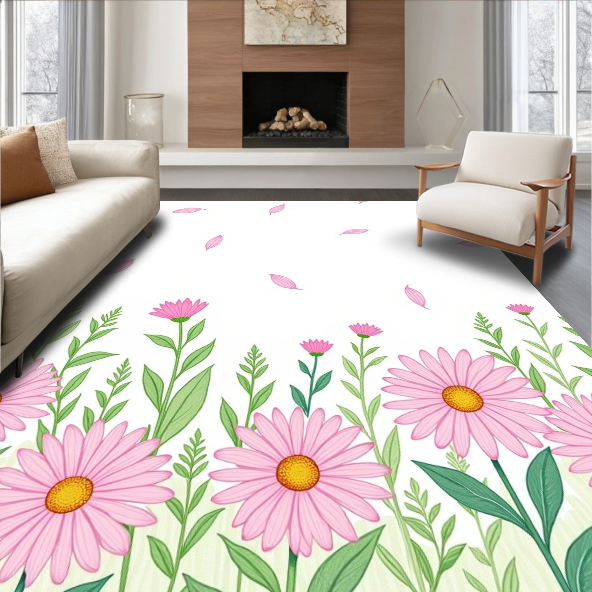 Pink Daisy Field Falling Petals Rug