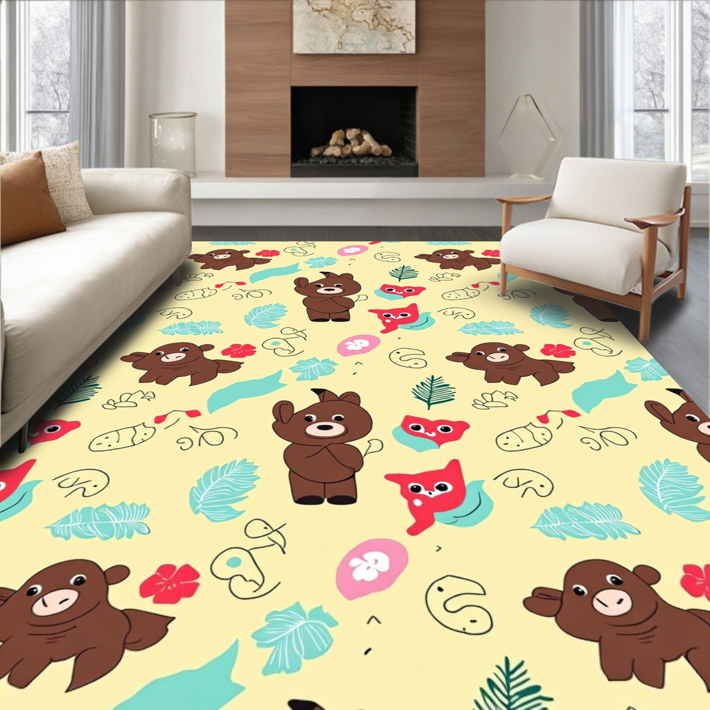 Whimsical Bear Red Cat Foliage Meadow Rug