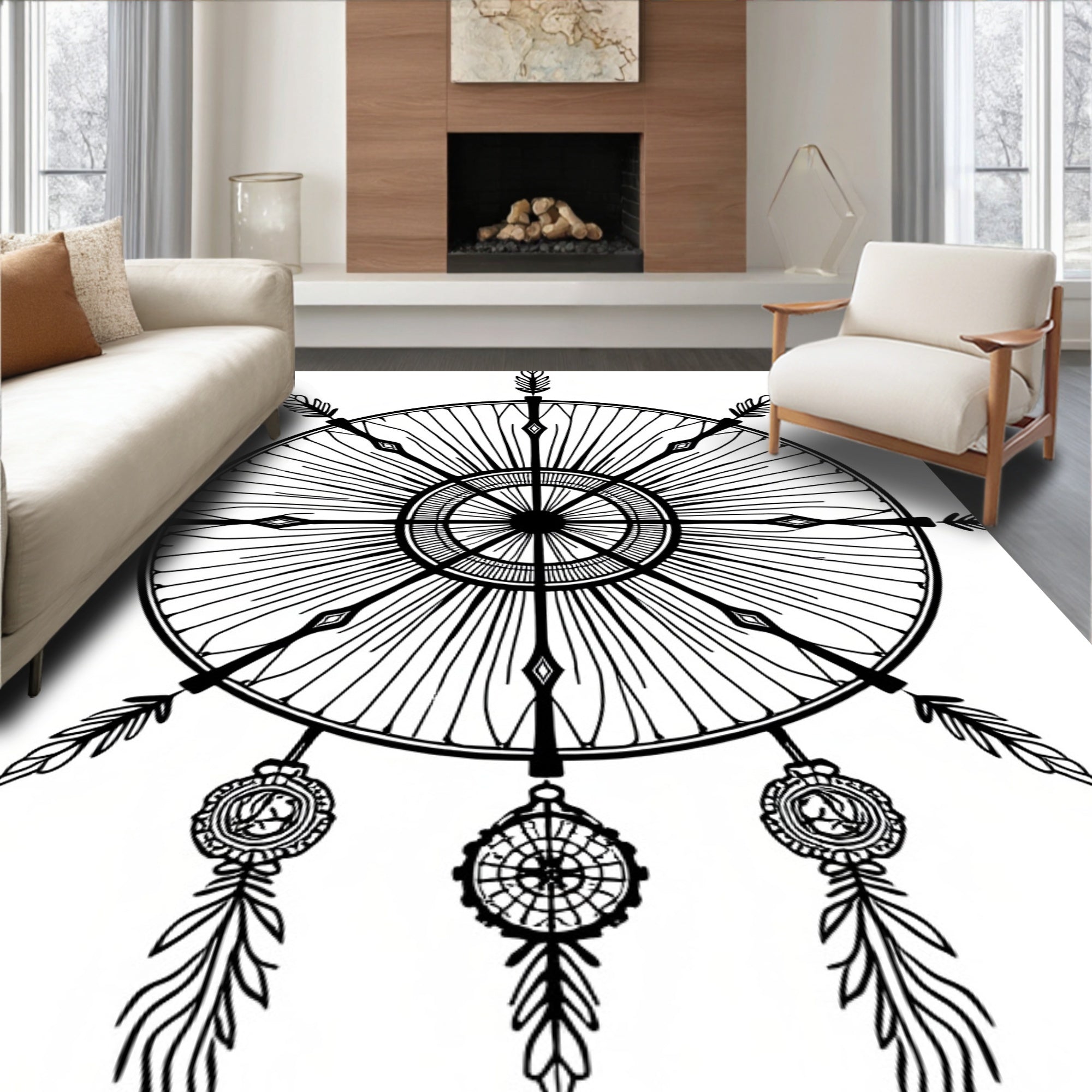 Tribal Feather Dreamcatcher Black White Rug