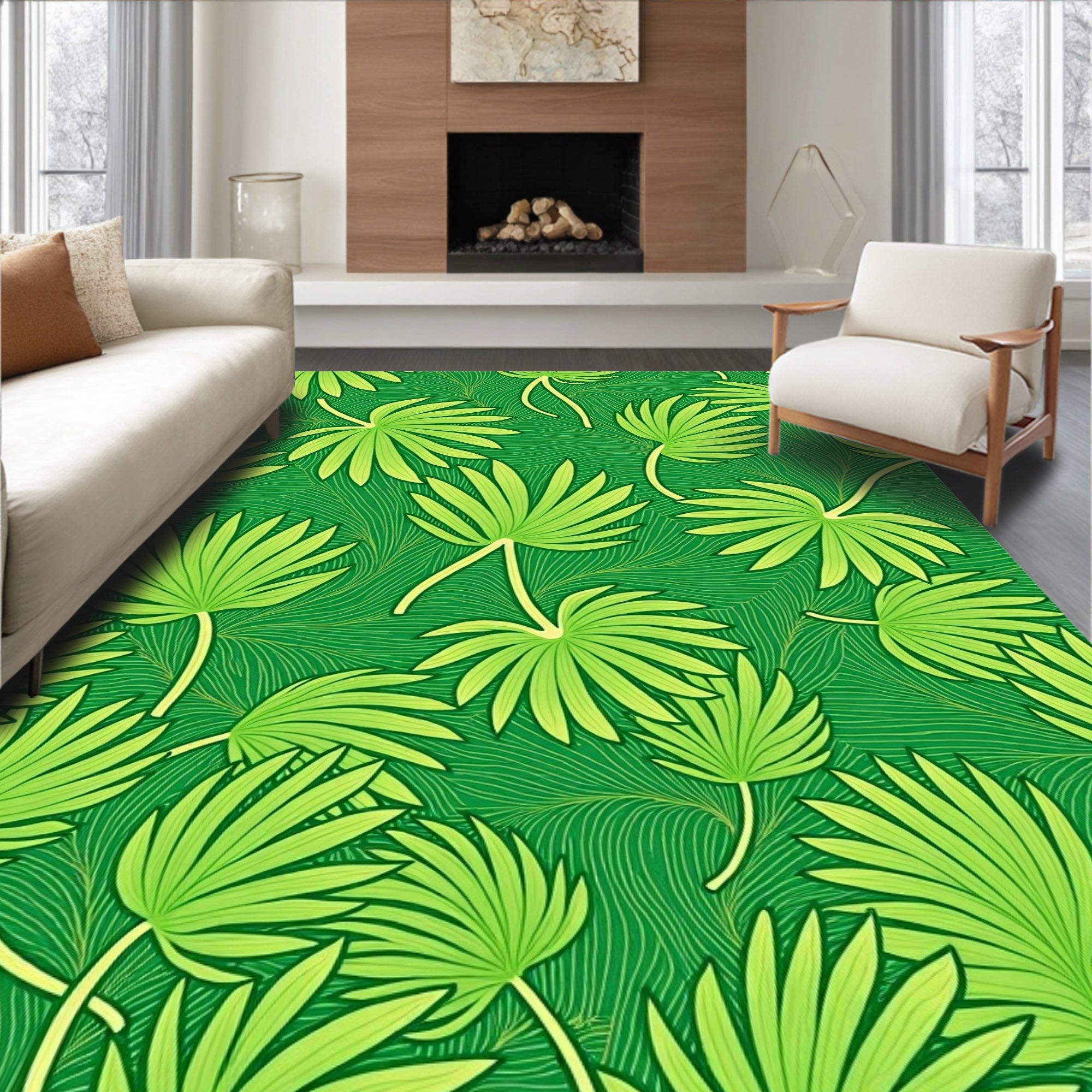 Lush Green Palm Frond Swirl Rug