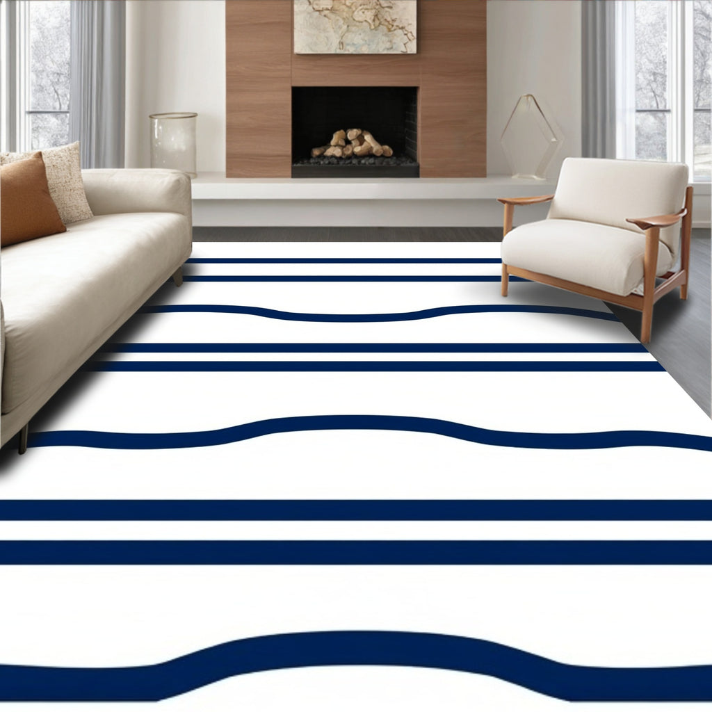 Navy Blue Horizontal Stripe Wave Rug