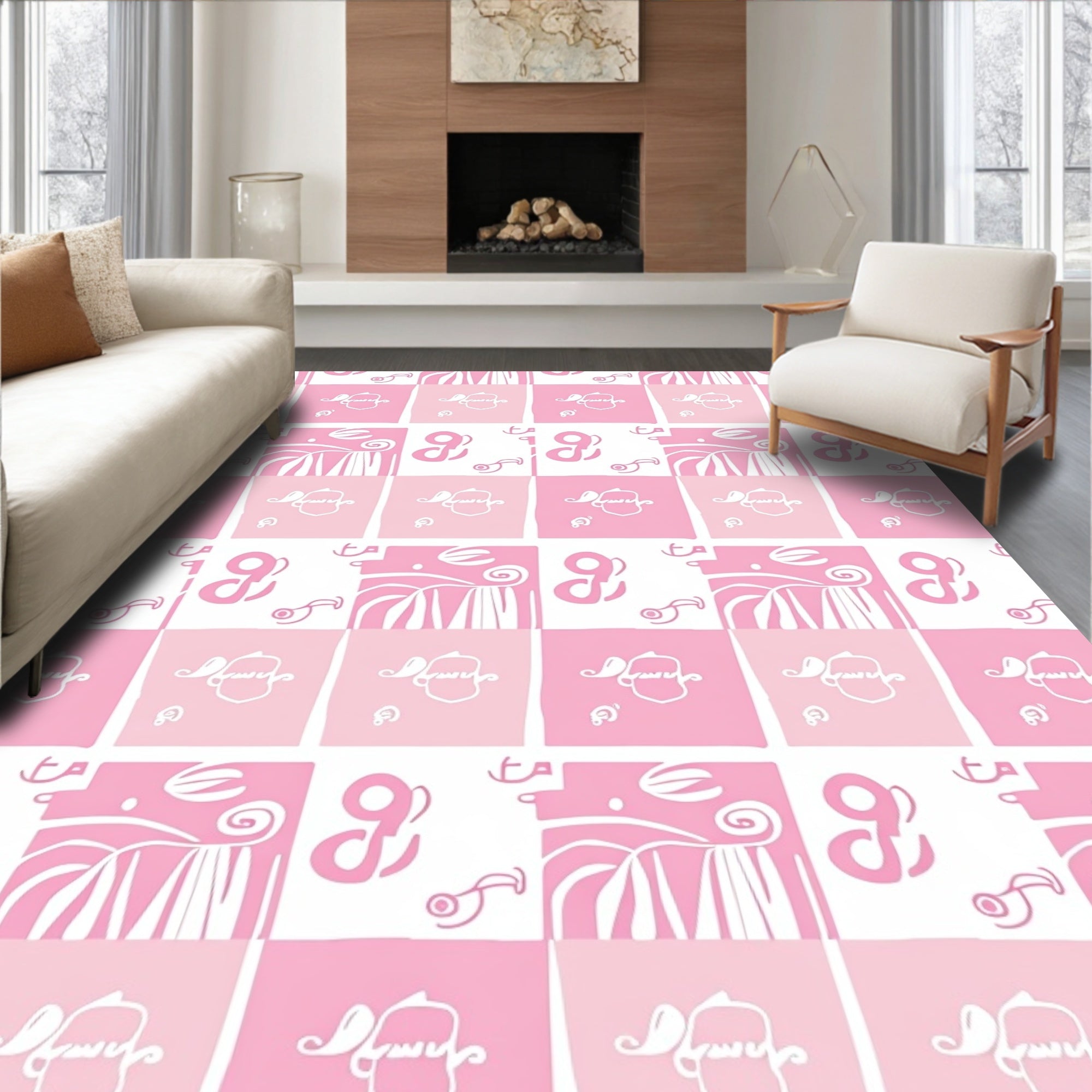 Pink Floral Checkerboard Abstraction Rug
